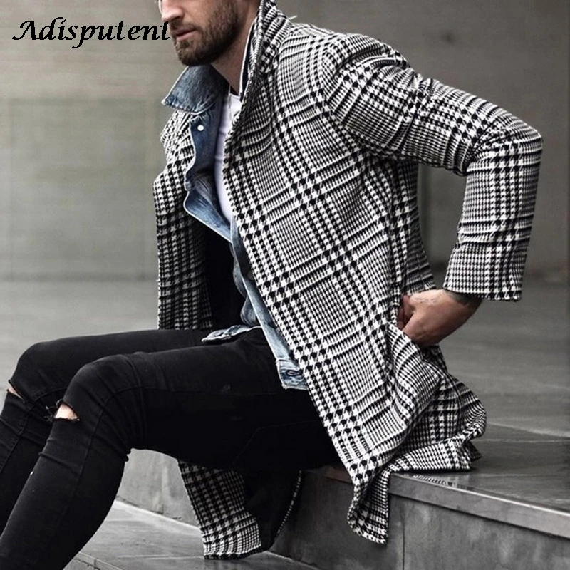 

Korean Men Wool Blends Coats Overcoat Male Winter Warm Clothes Wool Outwear Long Black White Plaid Blends Male Coat Plus Size