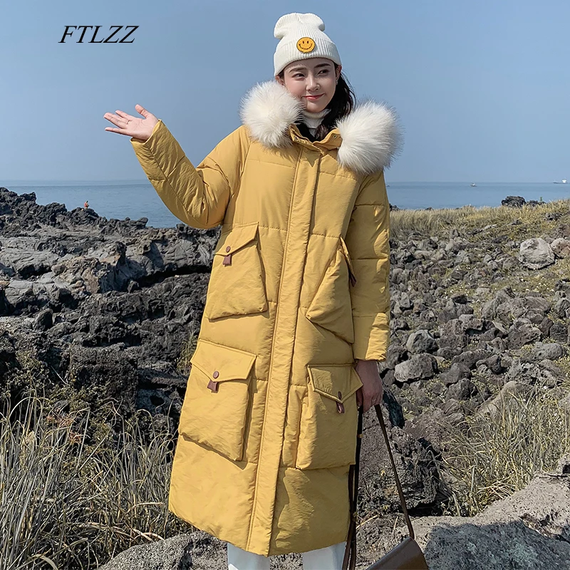 FTLZZ Женская длинная хлопковая парка теплый большой меховой воротник с капюшоном