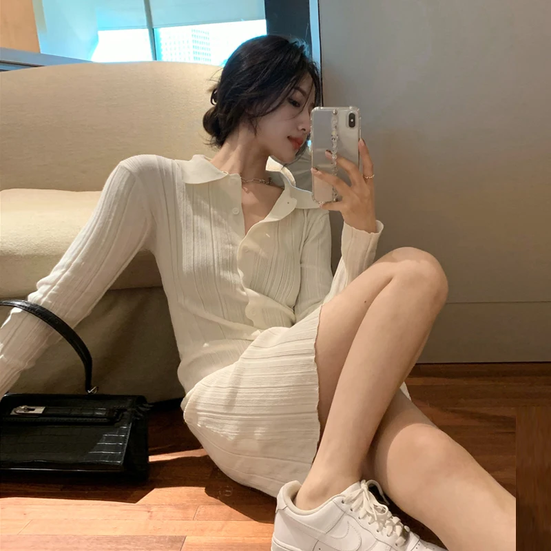 

Осень 2020 Новинка стильное белое женское платье с лацканами в Корейском стиле с длинным рукавом внутренняя одежда Базовая юбка короткая обл...