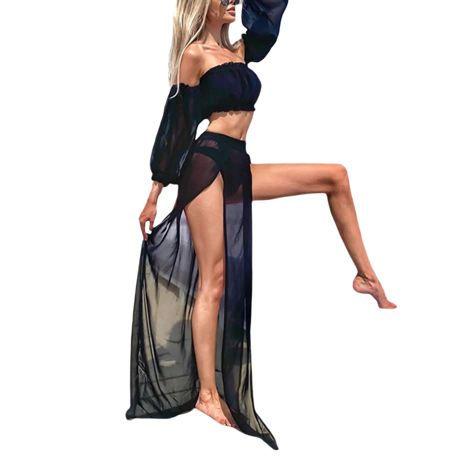 

Hirigin Solid Women's Clothing Set Off Shoulder Long Sleeve Tops and Cover Up Skirt Two-piece Suit for Travelling Beach Vacation