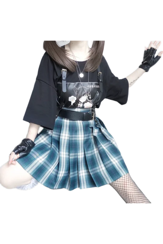 

Original Genuine JK Preppy Bust Skirt Girl Japanese Plaid Thin Pleated Skirt Women Black T-shirt Cartoon Print Pullover Tops