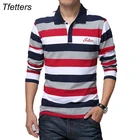 Мужская Осенняя футболка TFETTERS, рубашка с длинными рукавами и отложным воротником, в полоску, с буквенным принтом, большой размер M - 5XL