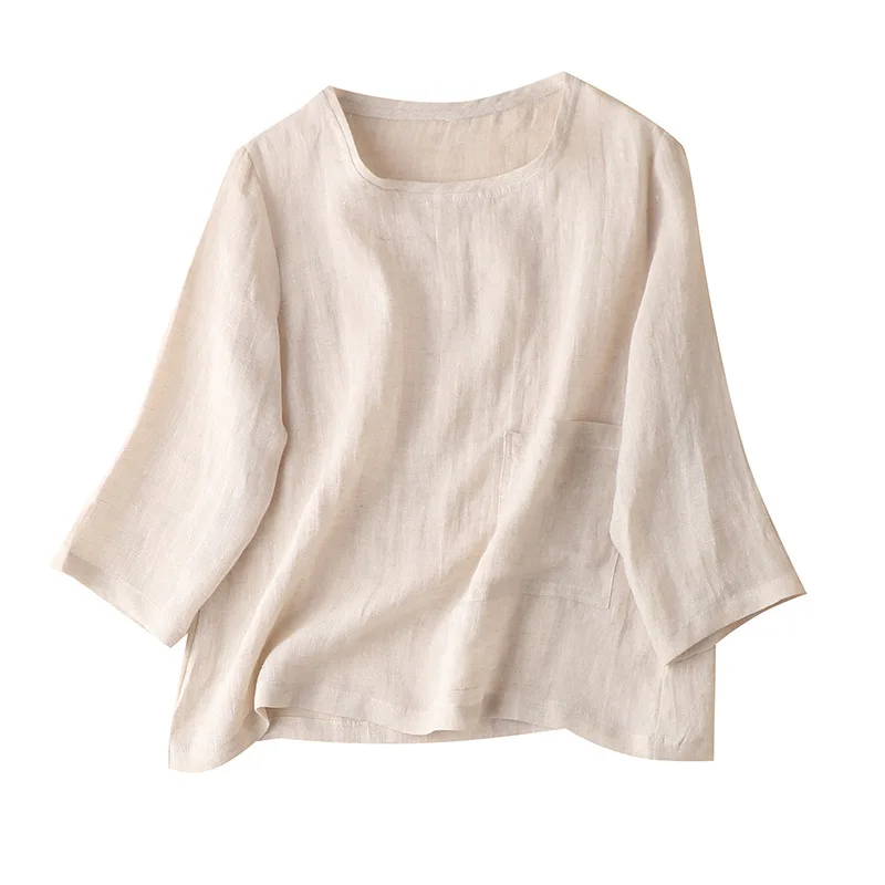 

SHUCHAN Linen Beach Style Square Collar Women Blouses Three Quarter Sleeve Solid Pockets Thin Ladies Blouses Shirt