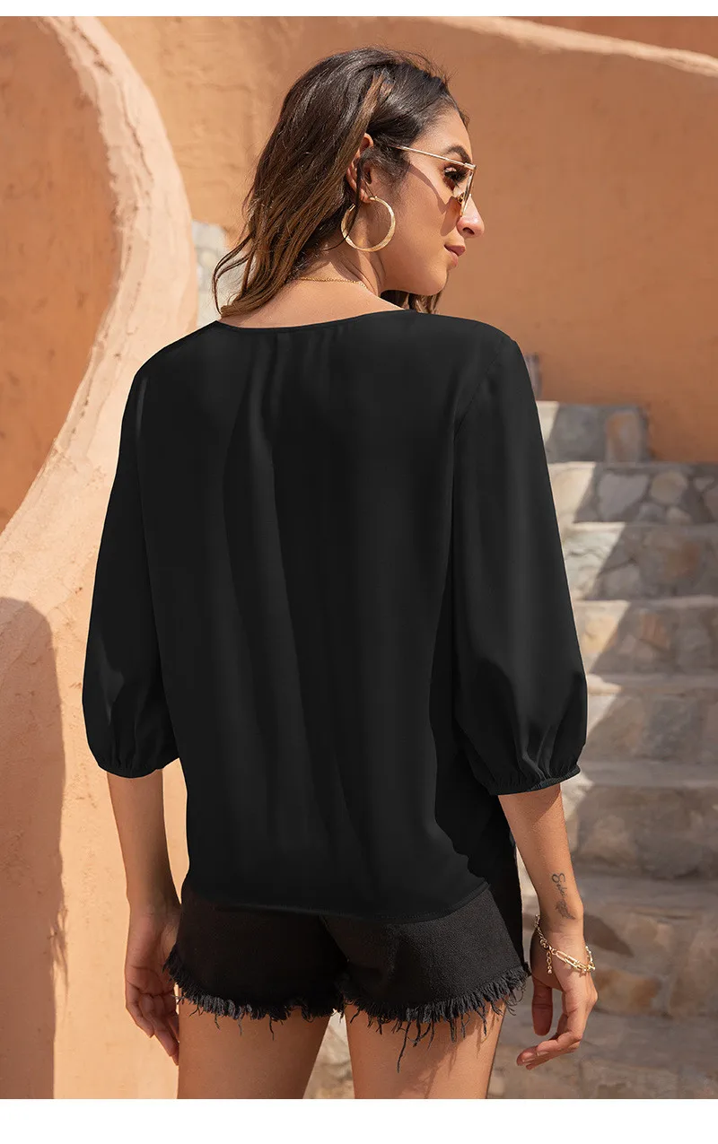 

Three Quarter Sleeve Women T-Shirts Summer Chiffon Tee Fashion Drawstring White Tops Lady V-Neck Loose T-Shirt Plus Size T-Shirt