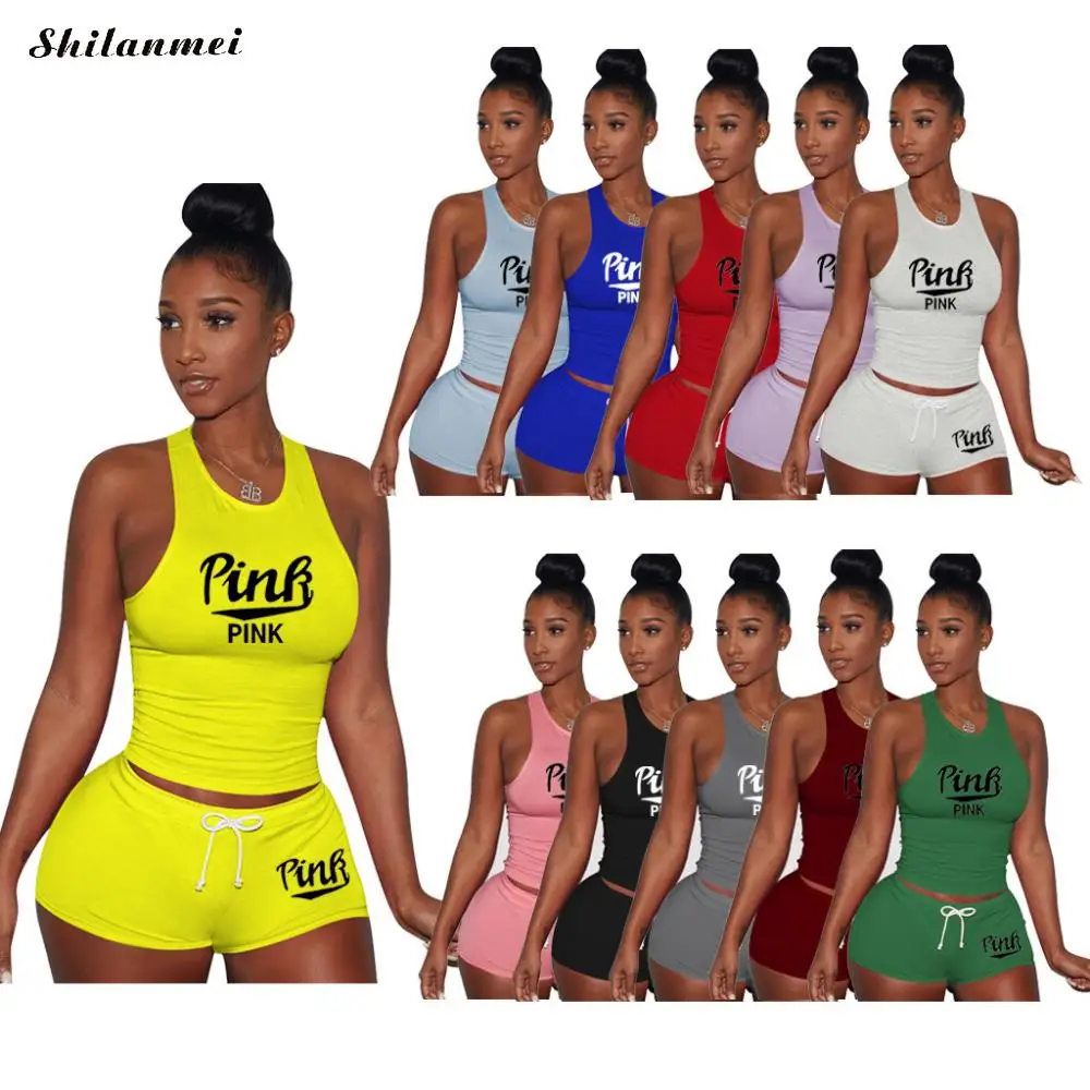 

Active Pink Sweatsuit Women'S Set Classic Tank Tops And Shorts Suit 2021 Sport Tracksuit Two Piece Set Casual Fitness Outfit