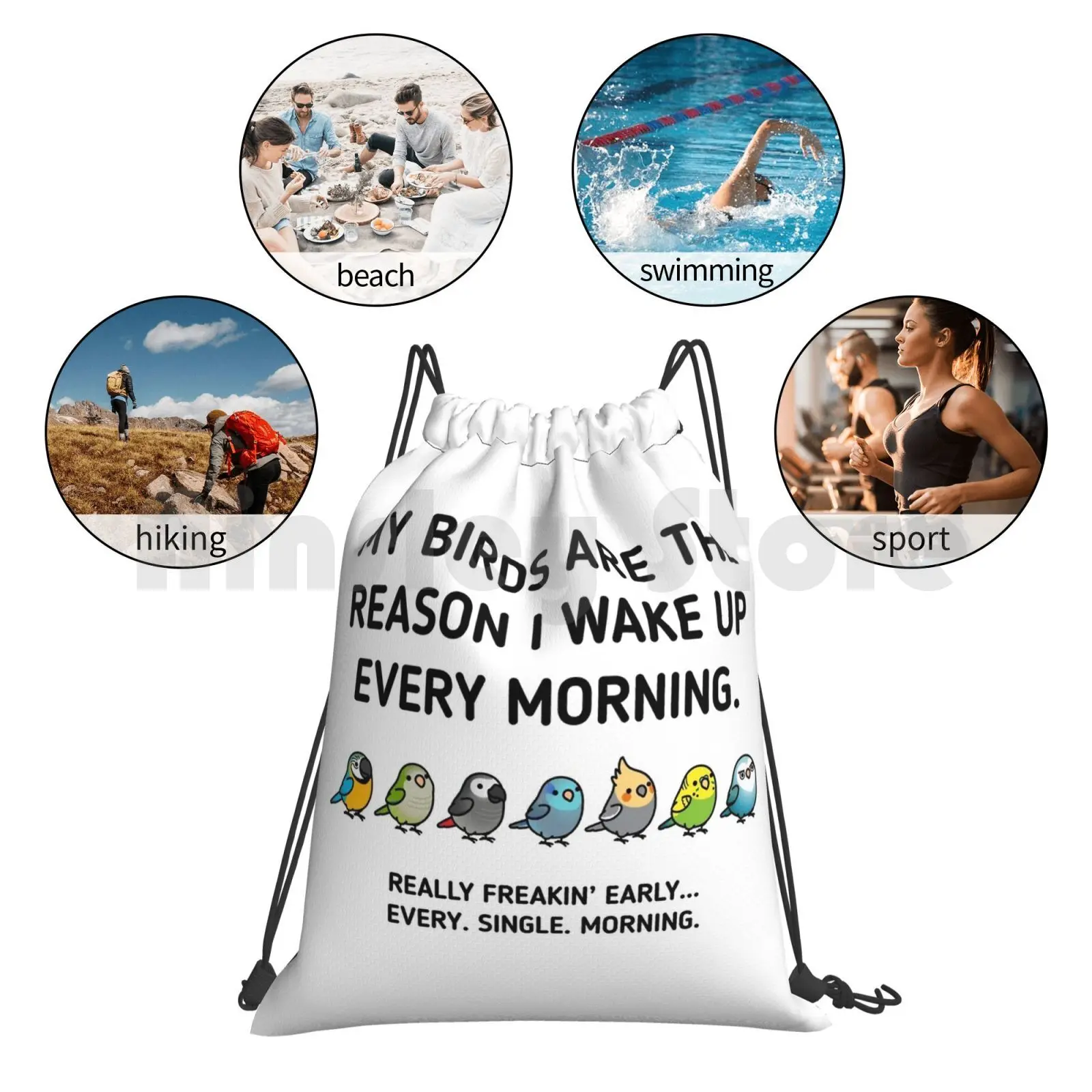 

Early Birds Backpack Drawstring Bag Riding Climbing Gym Bag Cockatiel Cockatoo African Grey Parrotlet Parrot Budgie Parakeet