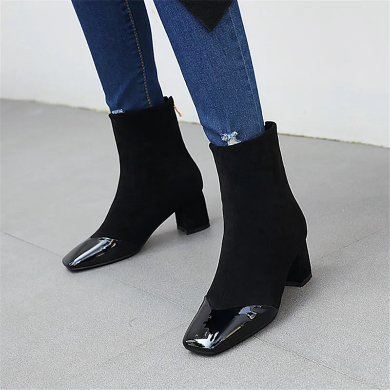 

2021 Autumn Women Boots Faux Leather Sqaure High Heel Ankle Boots Fashion Square Toe Zip Boots Winter Ladies Boots