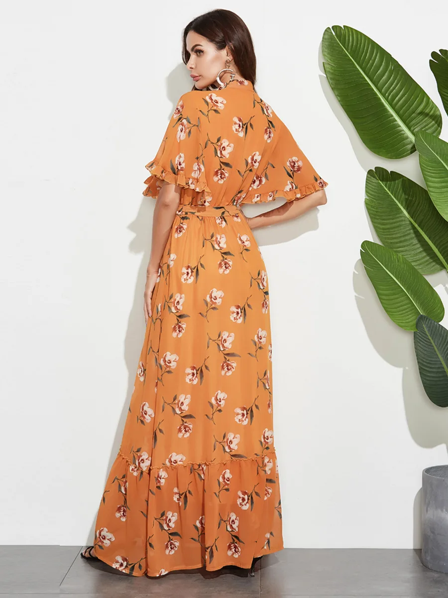 

Women chiffon ruffle short Sleeve floral Print maxi Dress bohemian lace up waist ramadan robe muslim abaya african VKDR2451