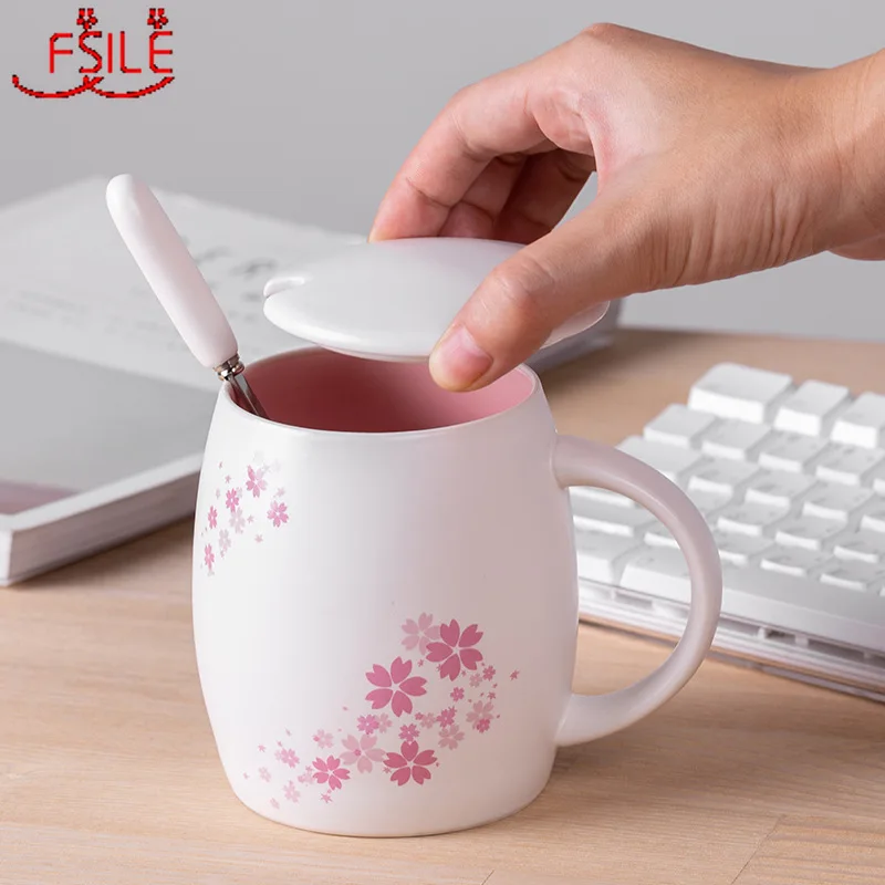 Розовая термостойкая кружка с цветком вишни 420 мл чашка крышкой Ложка молочная