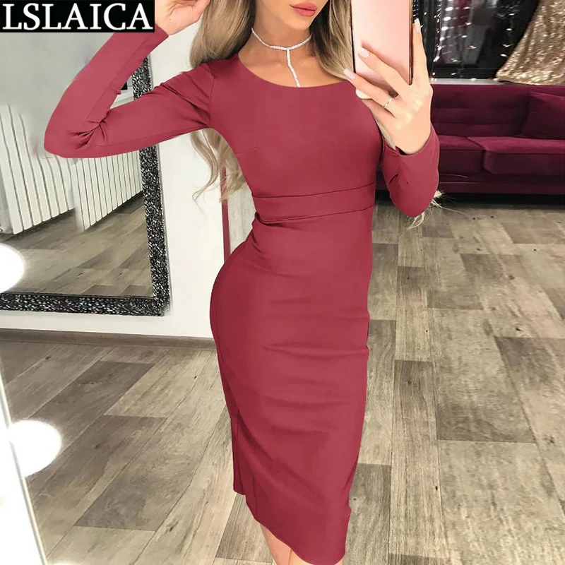 

Woman Dress Pure Color Round Neck Mid waist Trendy Hip Skirt Party Dresses for Women Fashion New Skinny Sexy Vestido De Mujer