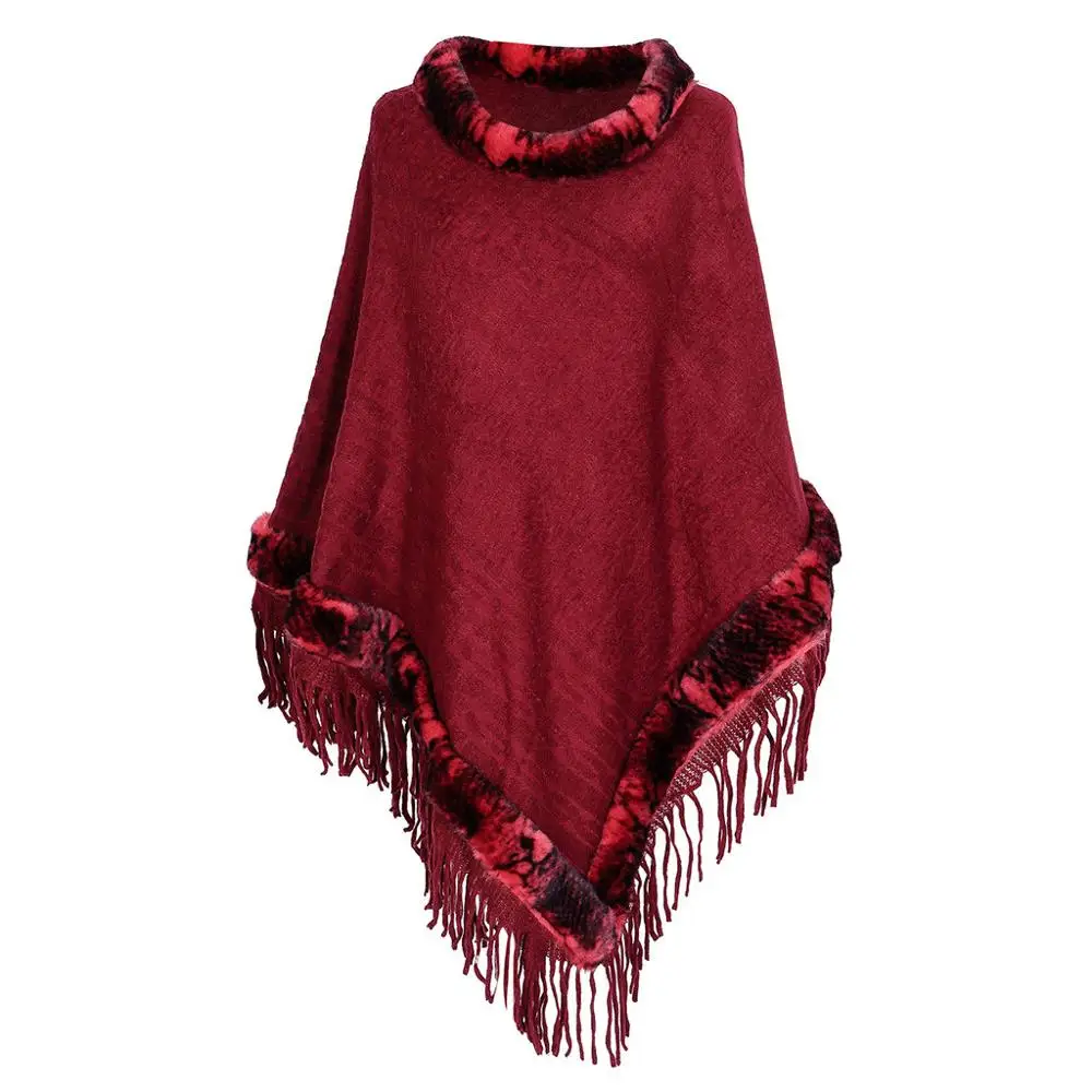 

Poncho Women Winter Knit Fur Collar Batwing Tassel Plus Size Loose Cloak Pullover Shawl Cape Coat Ponczo Damska Free Shipping