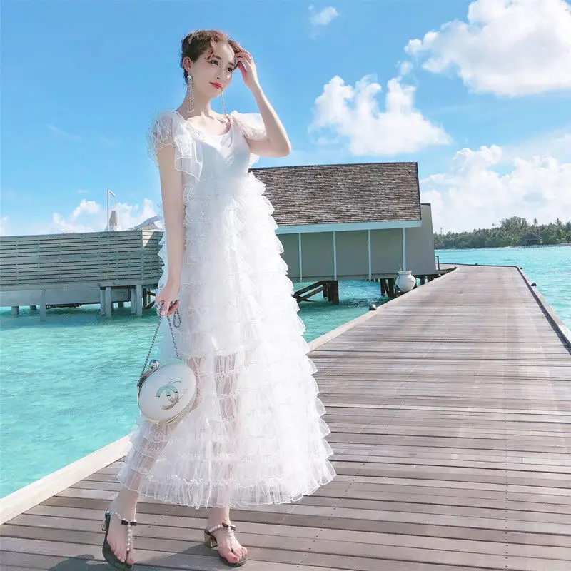 

Maxi Dresses for Women 2021 Summer White Sleeveless V-neck Solid Color Splicing Big Swing Beach Dress Vestido De Mujer Y734