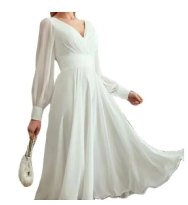 

Short Simple Bohemian Wedding Dress Chiffon V-Neck Tea Length Long Sleeves Elegant Bridal Gowns Robe De Mariee 2021