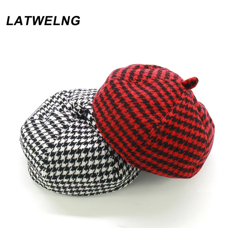 New Kids Wool Beret Girls Houndstooth Berets Autumn Winter Warm Octagonal Caps Red French Hat for 2-5 Years Old Wholesale | Аксессуары
