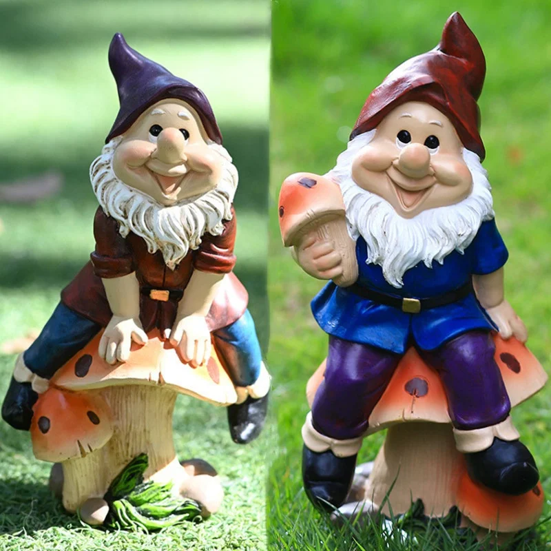 

Garden Gnome Statue Cartoon Dwarf Riding Mushroom Ornament Funny Sculpture Outdoor Courtyard Decoration Lawn Figurine