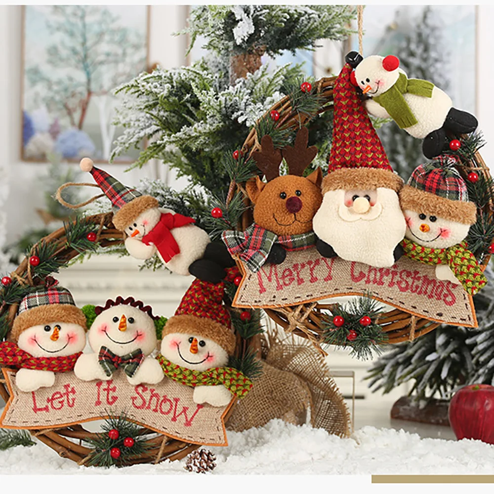 

2022 New Year Christmas Wreath Rattan Garland Snowman Elk Vine Ring Pendant Christmas Decoration Ornaments For Home Window Door