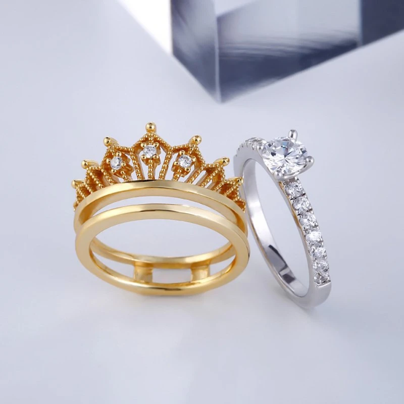 

2Pcs Crown Ring for Women Cubic Zirconia Engagement Rings Band Fashion Jewelry R2LE