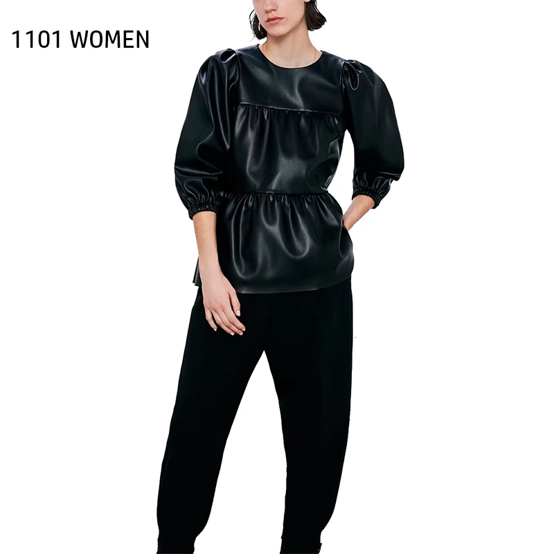 ZA новые весенние женские черные топы из искусственной кожи с круглым вырезом и