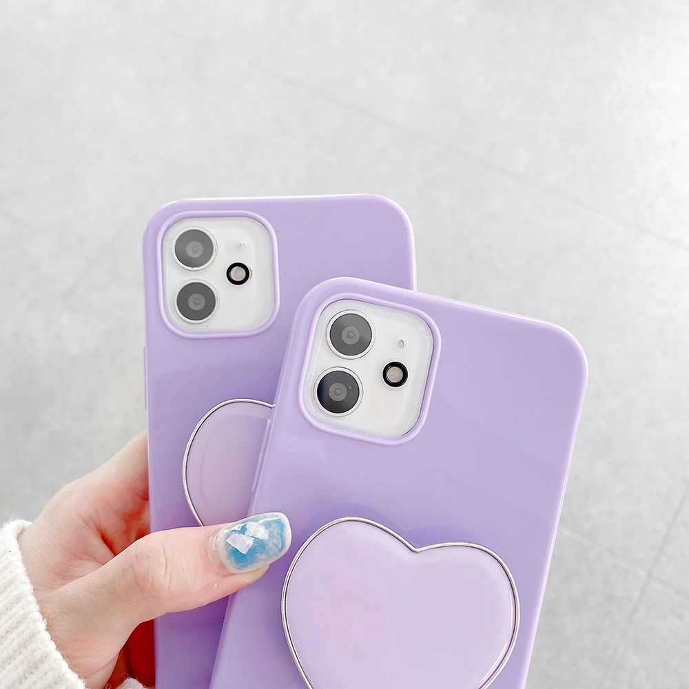 

Purple Love Heart Stand Holder Phone Case For iphone 11 Candy Color Bracket Cover For Coque iPhone XR 12promax XSMax 7 8 Capa