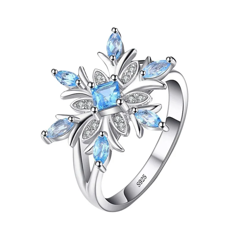 Euramerican Blue Zircon Flower Rings For Women Elegant Chic Snowflake With Stone Christmas Jewelry Gifts 2020 | Украшения и