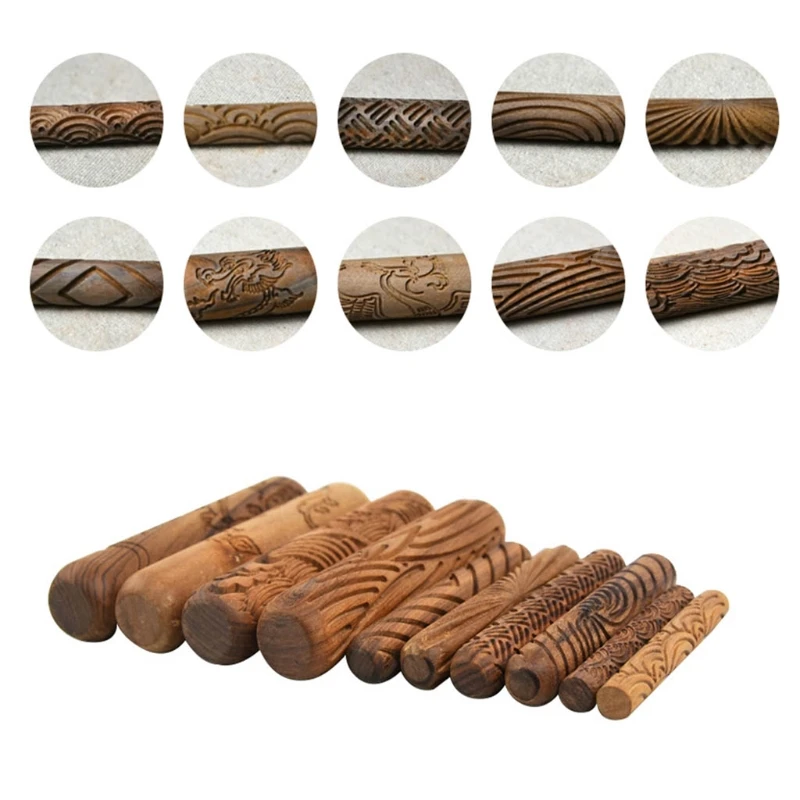 

Pottery Tools,Wooden Handle Rollers Clay Modeling Pattern Rollers Kit Pottery To