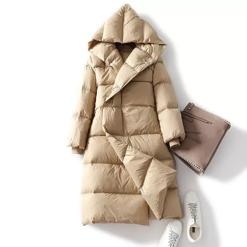 

New export Sweden thickening with 90 white goose down in the super light fluffy long over the knee hooded down jacket