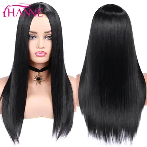 Парик HANNE для чернокожих или белых женщин, длинные прямые черные синтетические искусственные волосы для косплея или вечеринки, с натуральной средней частью