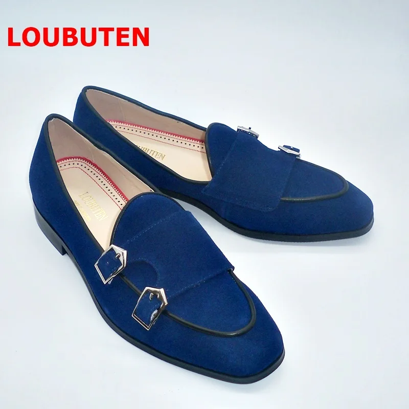 Мужские замшевые лоферы ручной работы LOUBUTEN темно-синие роскошные кожаные туфли