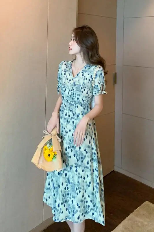 

COIGARSAM Floral Print Women Long dress New Summer Short Sleeve High Waist V-Neck Dresses Green 1867