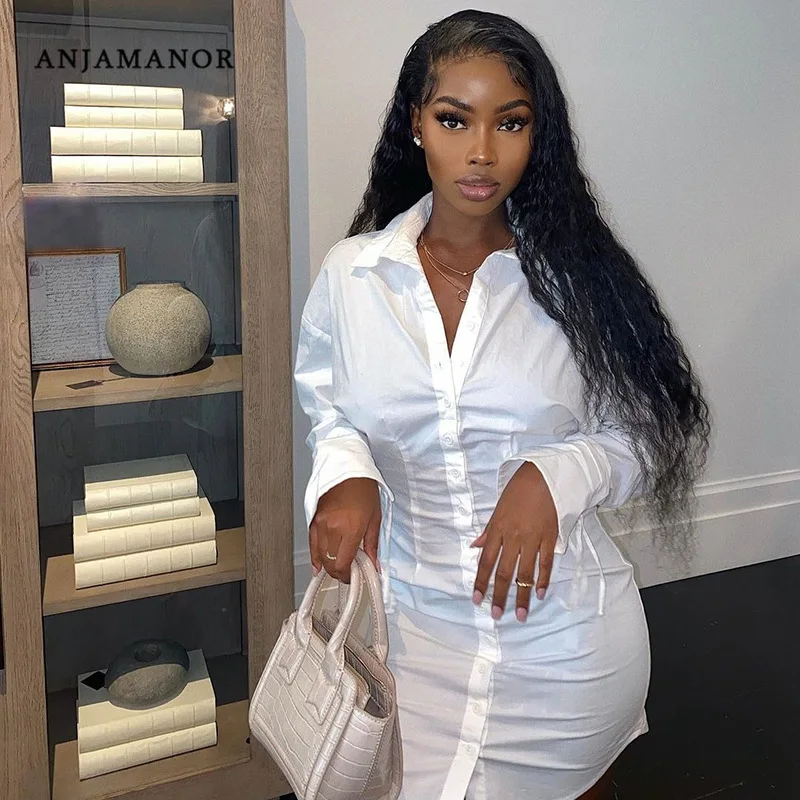 

ANJAMANOR Sexy White Button Up Shirt Dresses Clubwear 2021 Fall Clothes for Women Long Sleeve Bodycon Mini Dress D78-DG23