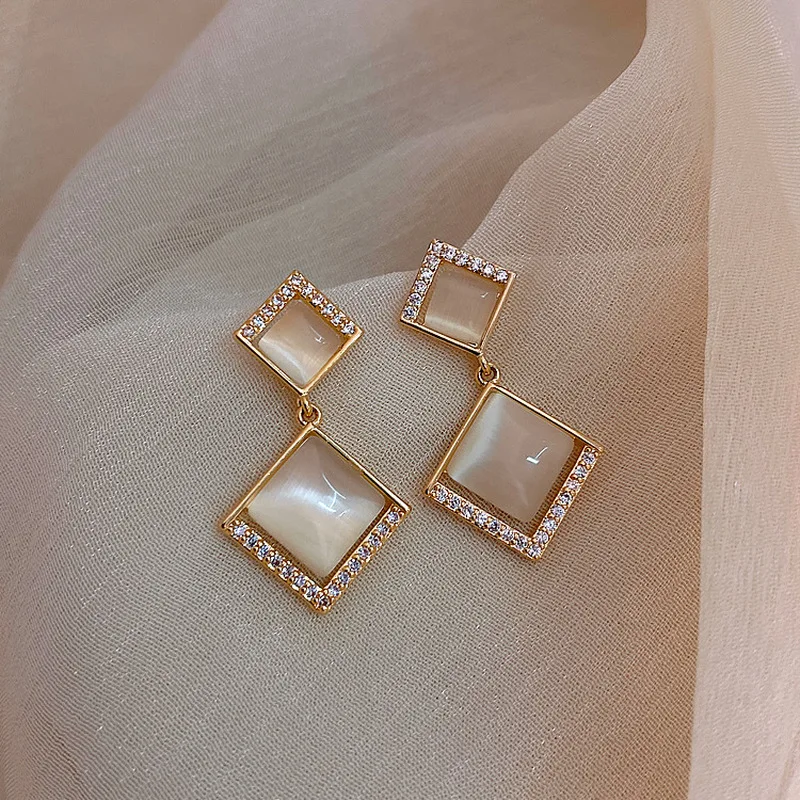 

TIMEONLY Delicate Opal Dangle Earrings Sparkly Rhinestones Square Earring for Women Korean Fashion Gold Color Alloy Jewellery