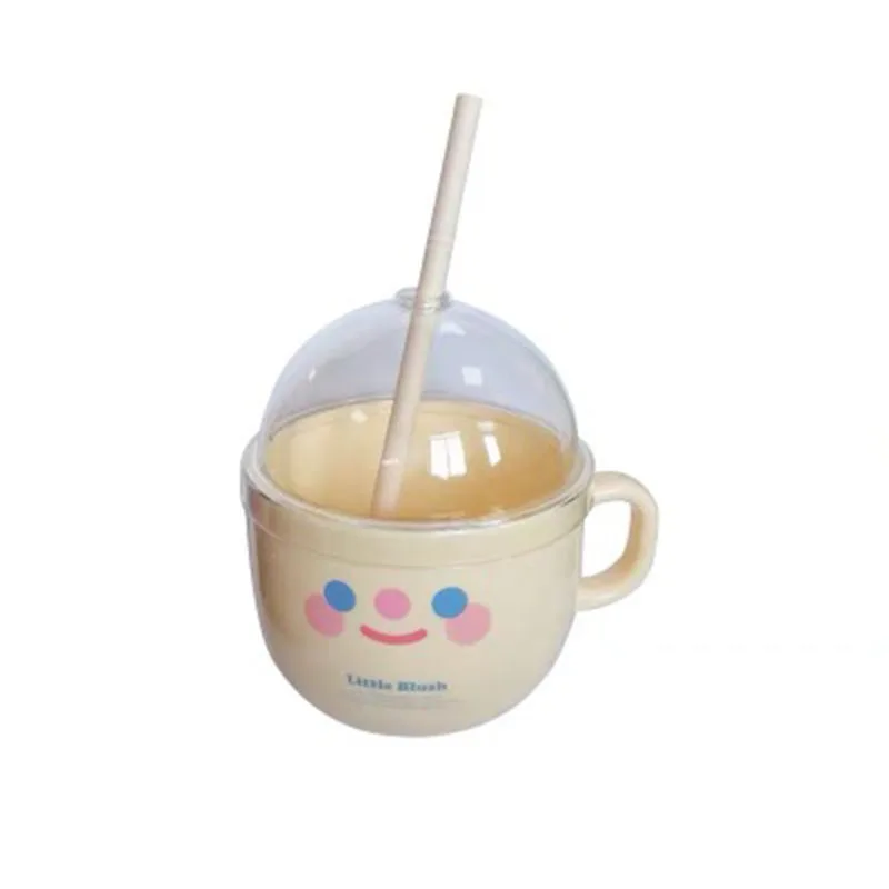

Smiley Bowl Plastic Water Bottle with Lid Straw Milk Cup Milk Coffee Mug Cute Korean ins Student Adult Fashion Drinking Bottle