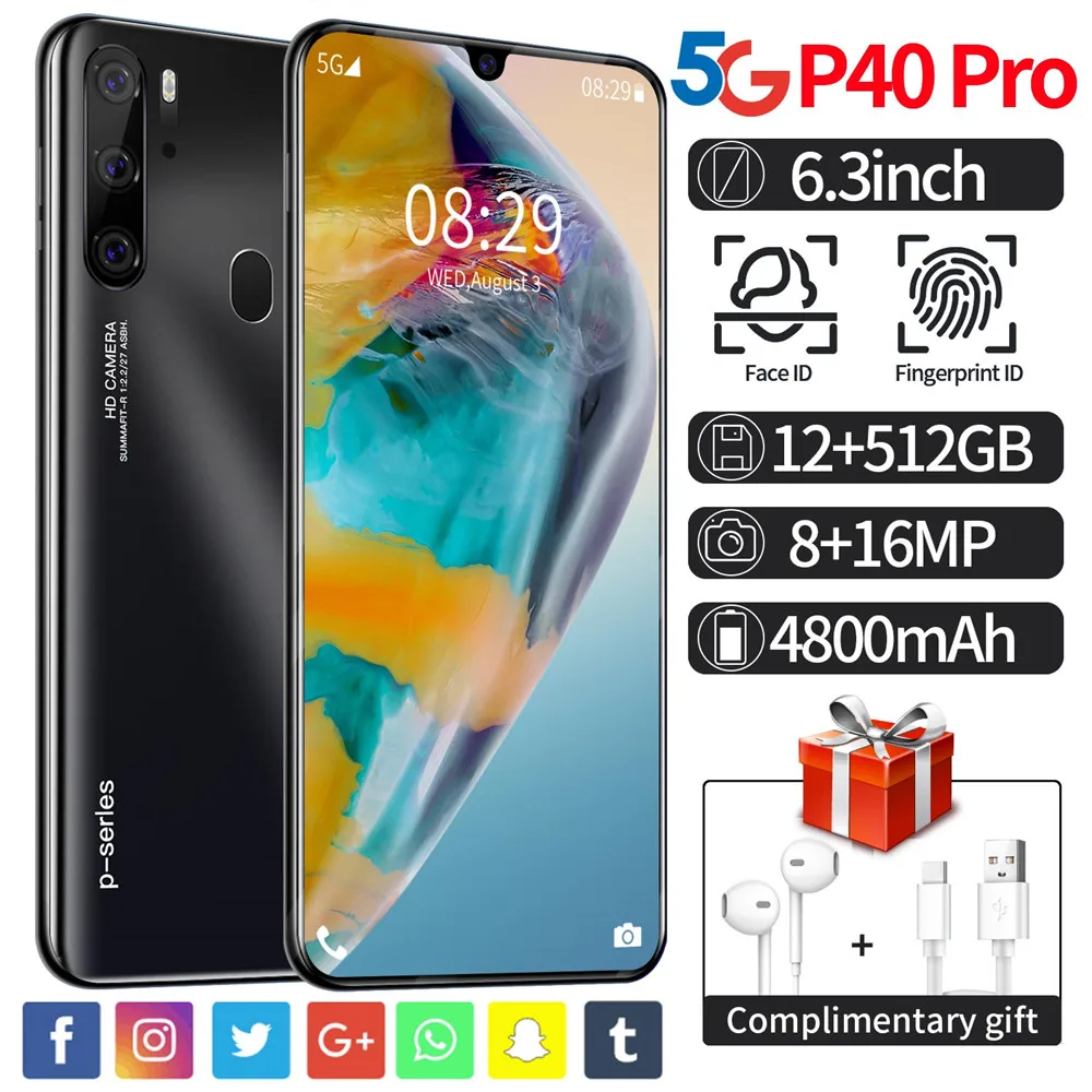 

2021 Global Version Smartphone P40 6.3 inch Display Celulares MTK 6595 10 Core 4G Network Mobile Phones Android 9.1 4800mAh