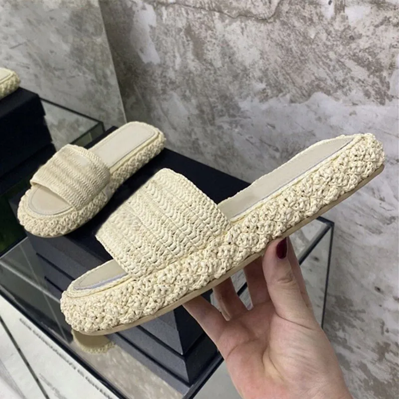

Knitted Woman Slippers Summer Solid Outside Shoes Women Flat Platform Runway Sliders Open Toe Shoes Fashion Concise Ladies Shoes