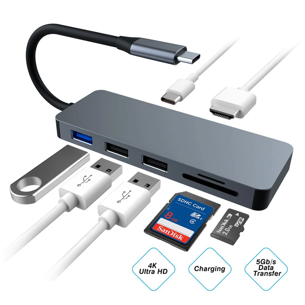 USB C концентратор 7 в 1 type к HDMI 4K адаптер с 3 usb портами SD/TF кард ридер для нового