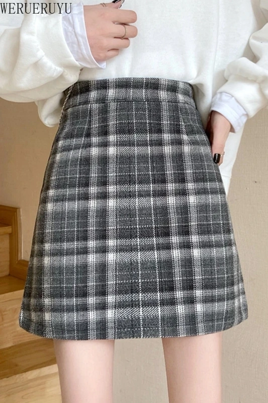 

WERUERUYU 2020 Women'S Autumn And Winter Harajuku Thickened Woolen Plaid Retro Skirt Female Cute Japanese Skirts For Women