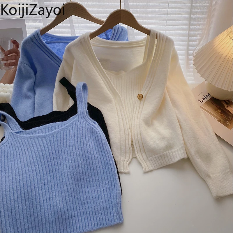 

Koijizayoi Knitted Women Two Pieces Set Solid Spriing Autumn 2022 New Chick Suit Ladies Cardigan Crop Camis Students Sweet Suits