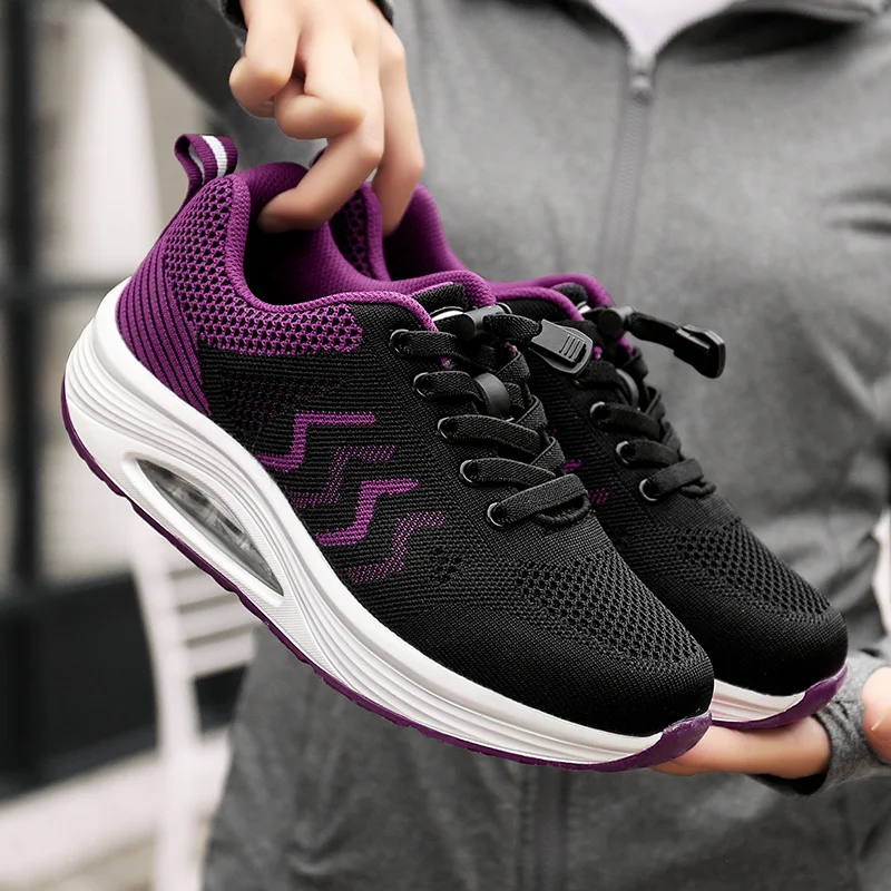 black purple HoYeeLin/Обувь для пожилых женщин и мам среднего возраста; женская обувь из дышащей сетки на шнуровке; обувь для танцев на толстой подошве с воздушной подушкой - Цвет: black purple