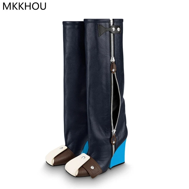 MKKHOU Fashion Knee-High Women Boots New High-Quality Leather Wedge Heel Boots Personality Street Punk Style Motorcycle Boots