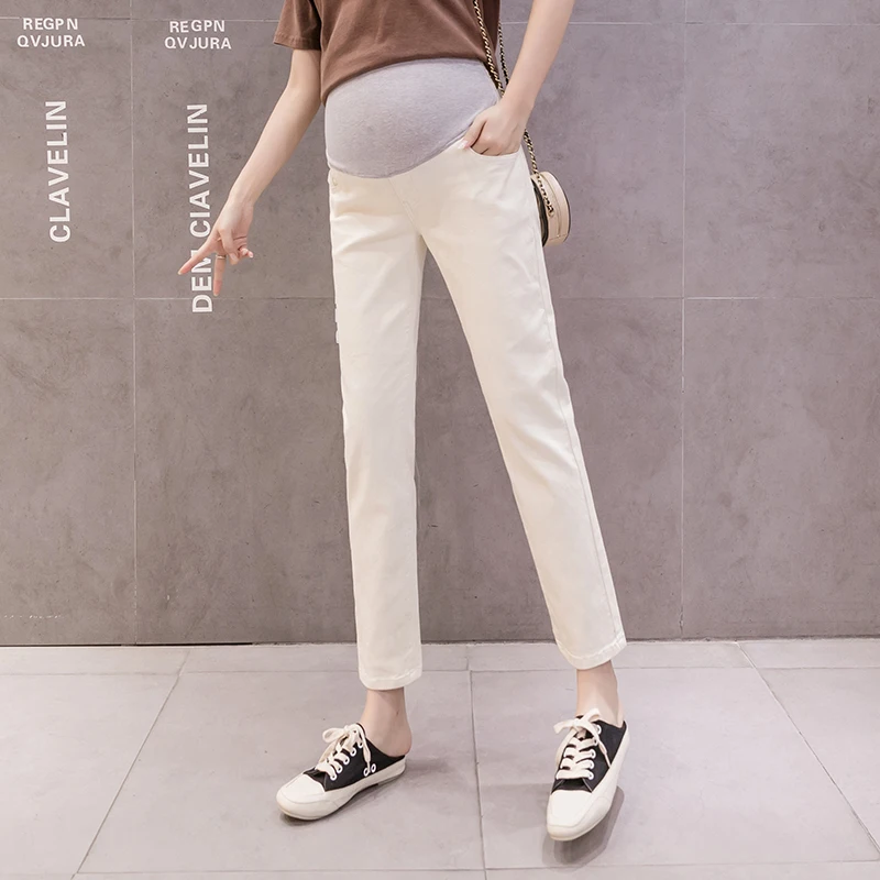 

966# Spring Summer 9/10 Thin Stretch Denim Maternity Straight Jeans Belly Casual Pants Clothes for Pregnant Women Pregnancy