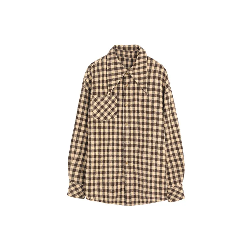 

Womens Loose Button Fly Fleece Vintage Plaid Shirt Jackets BF Athleisure Retro Turn Down Neck Check Shackets