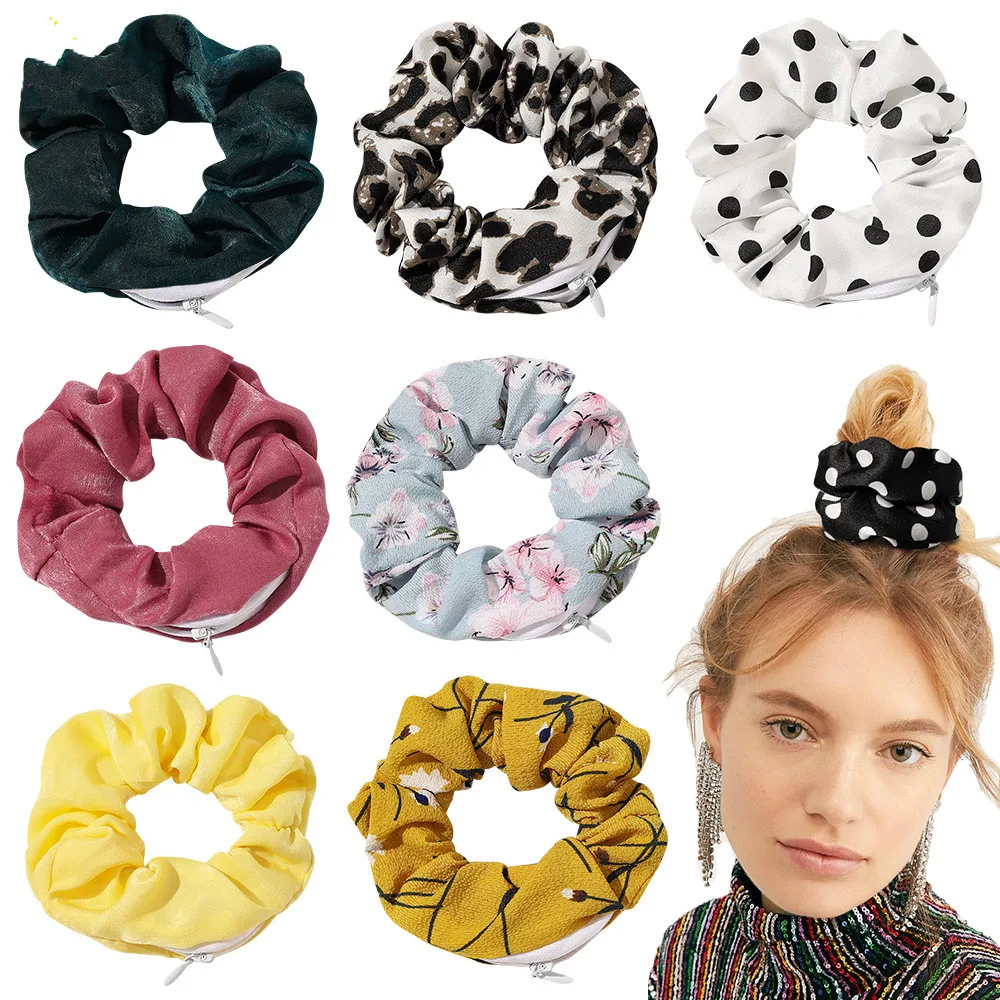 

Velvet Satin Pocket Wallet Hair Scrunchies Zipper For Women Girl Elastic Hair Band Hair Tie Ponytail Holder Gum Hair Accessories