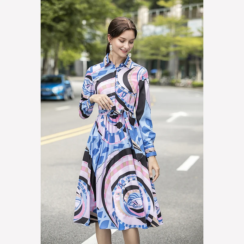 

Women Dress 2020 High Quality Runway Turn-down Collar Long Sleeves Floral Print Casual Dresses Vestidos NP1244N
