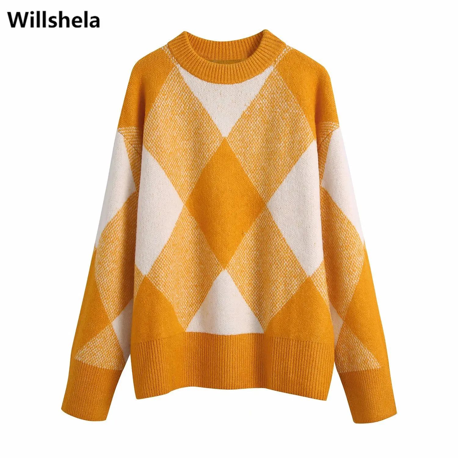 

Willshela Women Fashion Plaid Knit Sweater Top Long Sleeves O-neck Vintage Woman Oversized Knitted Sweaters Pullover Chic Top