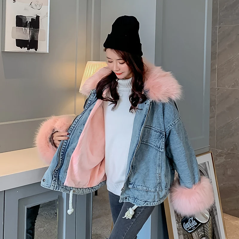

New Women Large Fur Colloar Winter Denim Jacket 2020 Oversize Plus Velvet Parka Detachable Thick Loose Cotton Warm Jean Coat
