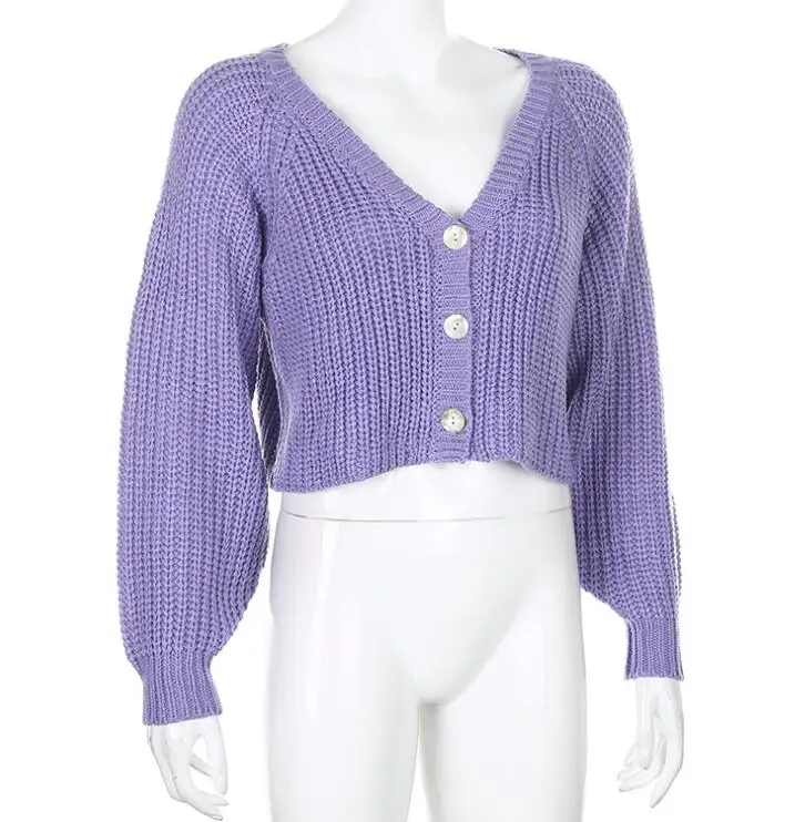 

Autumn new style solid color loose lantern sleeve V-neck casual sweater