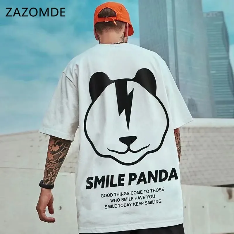 

Модная уличная одежда ZAZOMDE с изображением медведя, свободная футболка с коротким рукавом и принтом, летняя мужская трендовая черная белая ф...