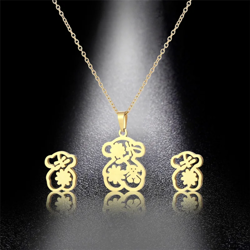 

Gold Color Stainless Steel Bear Pendant Necklace Earrings Sets Heart Dragonfly Bear Charm Necklace Jewelry Choker Sets for Women