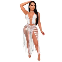 rt sexy women knitted set two pieces set backless crop top tassels brief 2 pieces crochet set hollow out beach crocheted suit