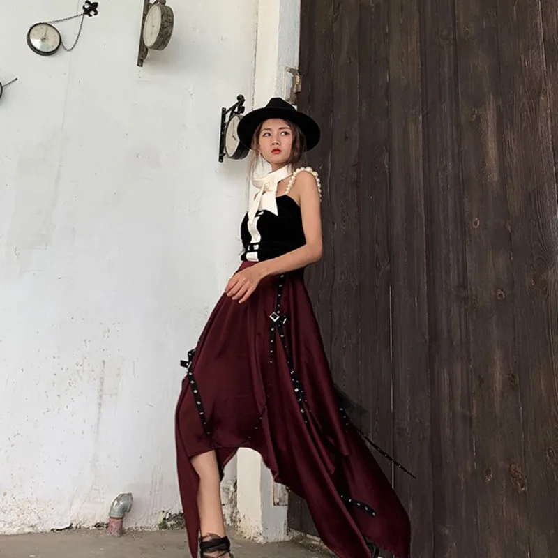 LANMREM Solid Color Stitching Ring Webbing High Waist Irregular Woman Skirt Wild Casual Fashion 2020 Autumn New TV351 | Женская одежда